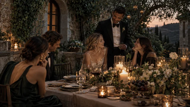 Une table de mariage éclairée aux bougies sous les arbres, à la tombée de la nuit.
