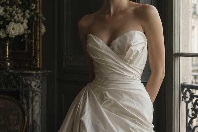 Bouquet et robe de mariée près d’une fenêtre.