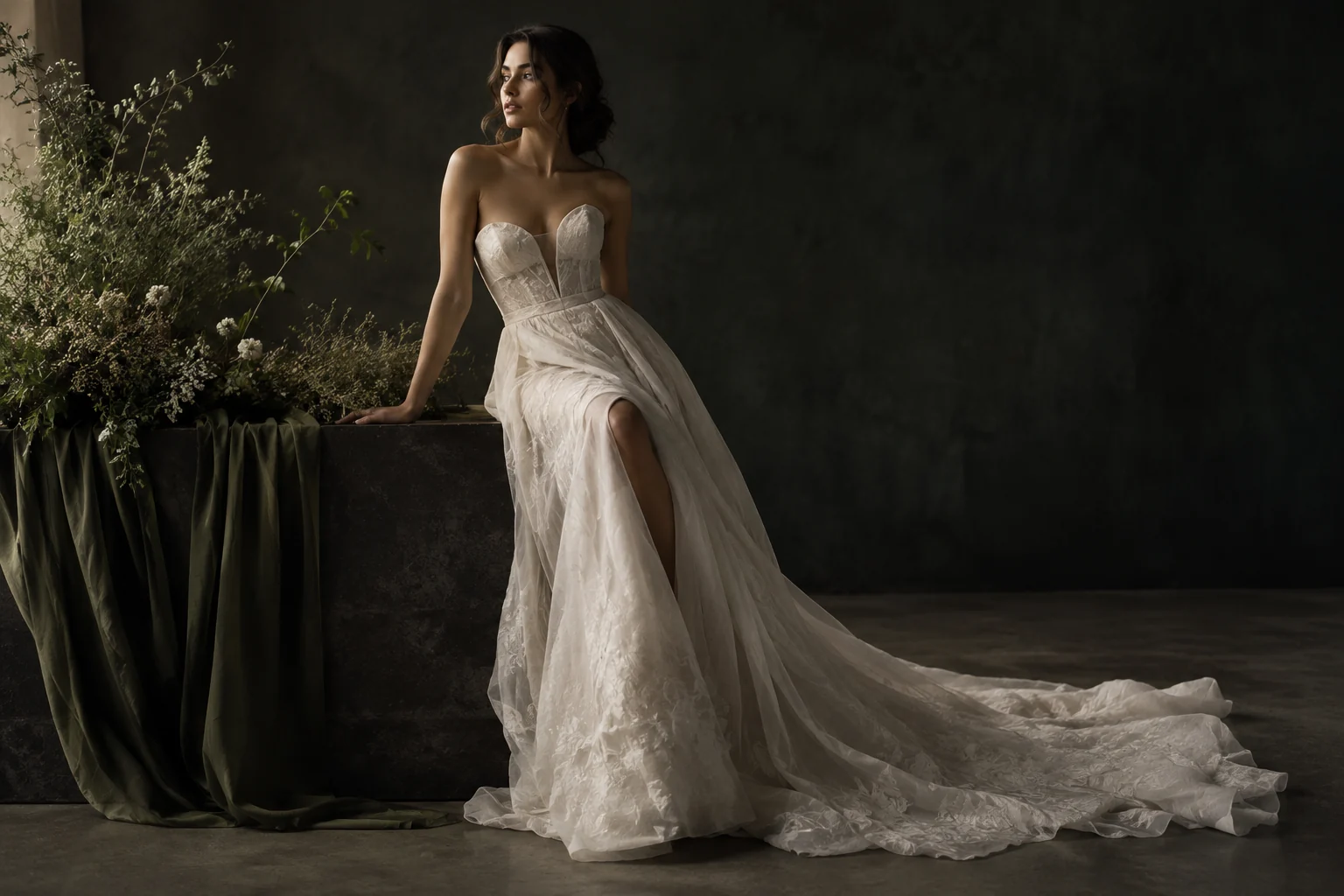 Portrait de mariée avec une lumière de studio travaillée.