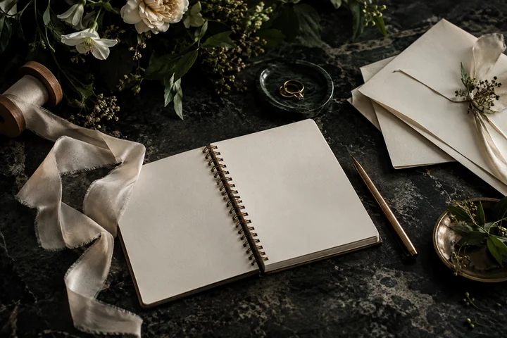 Carnet de préparation, papeterie et ruban sur une table.