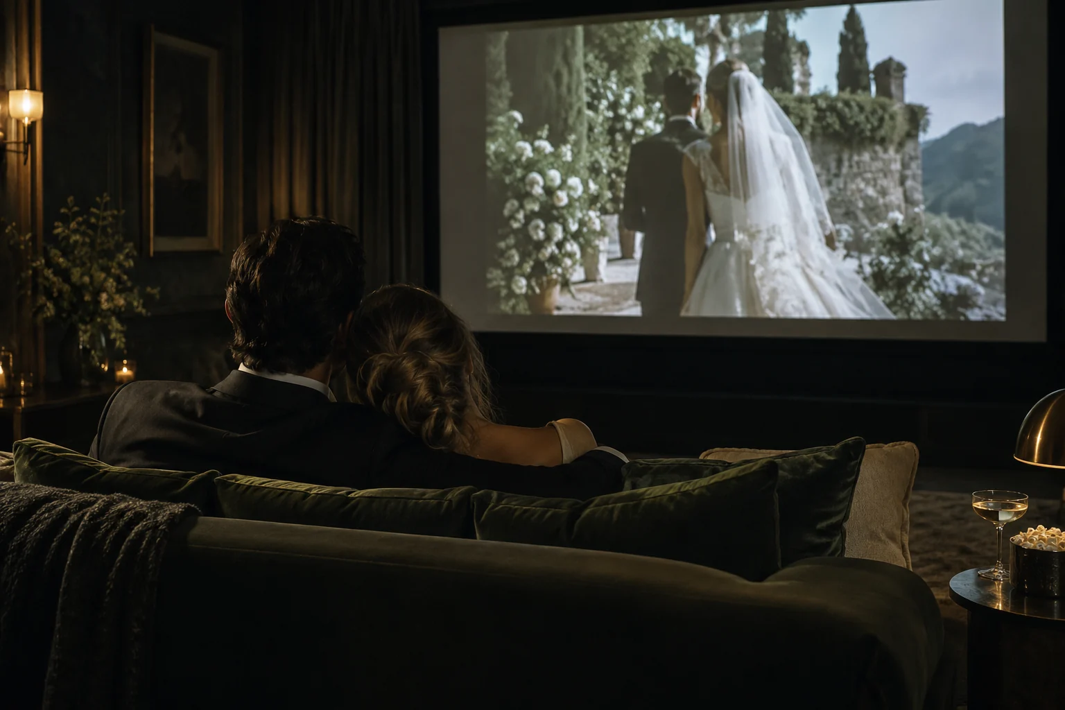 Une projection privée de film de mariage, partagée avec les proches.