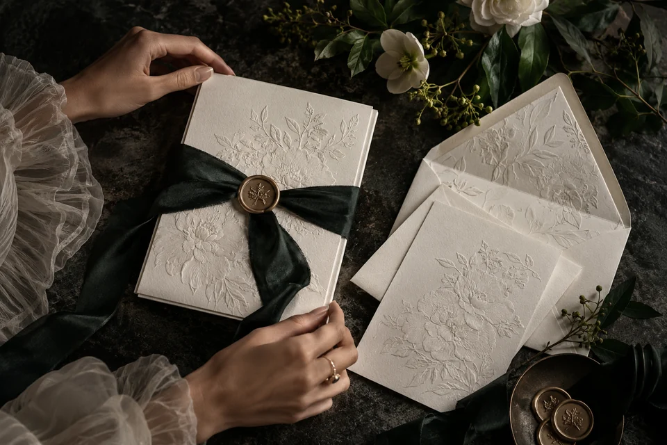 Une table de papeterie et d’inspiration pour une identité de mariage.