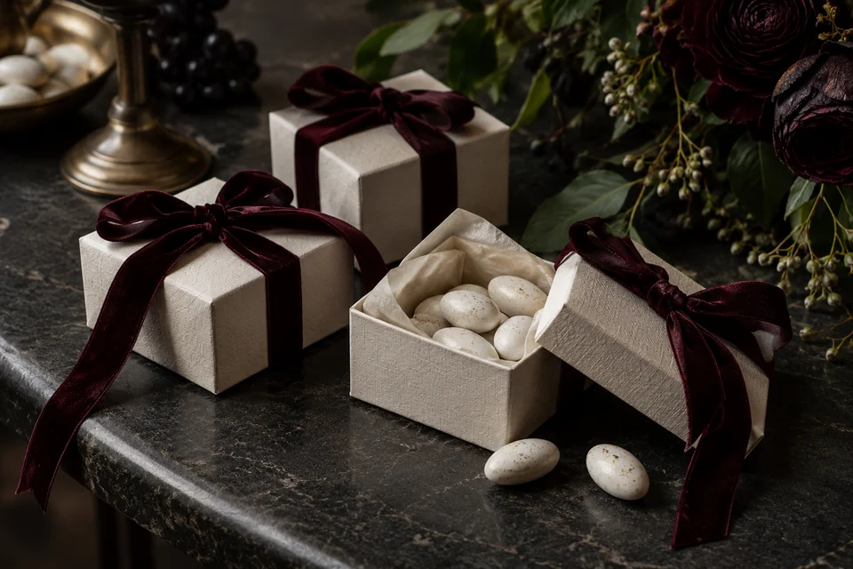 Mise en scène illustrative : bougie, savon emballé et coffret ivoire avec une étiquette Merci.