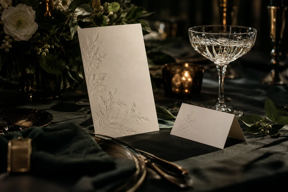 Mise en scène illustrative : menu, marque-place et numéro de table dans une réception élégante.