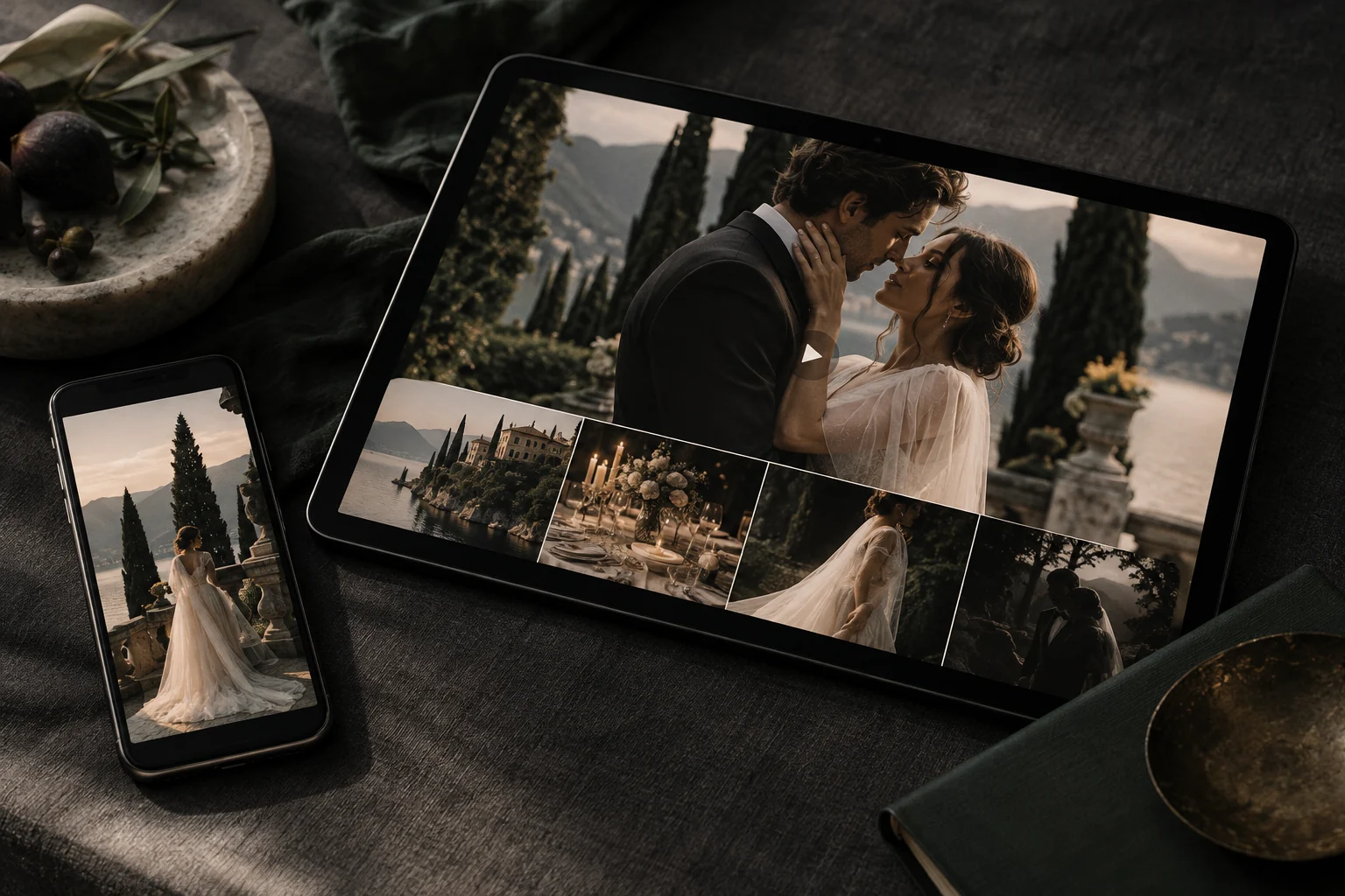 Mise en scène du site sur téléphone et tablette avec une galerie et un film de mariage.