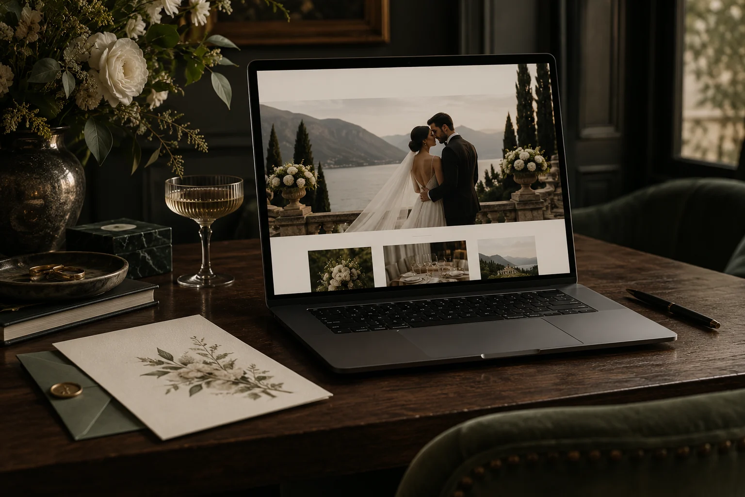 Mise en scène d’un site de mariage sur ordinateur avec une papeterie assortie.